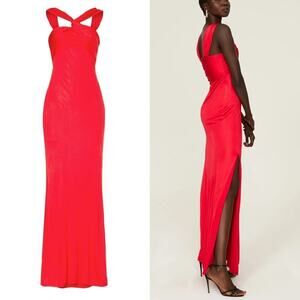 Donna Karan Twist Halter Dress Satin Sleeveless Maxi Gown Red 8
